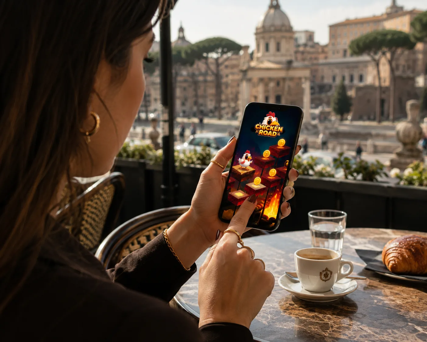 Donna italiana usa Chicken Road online da smartphone in un caffè urbano