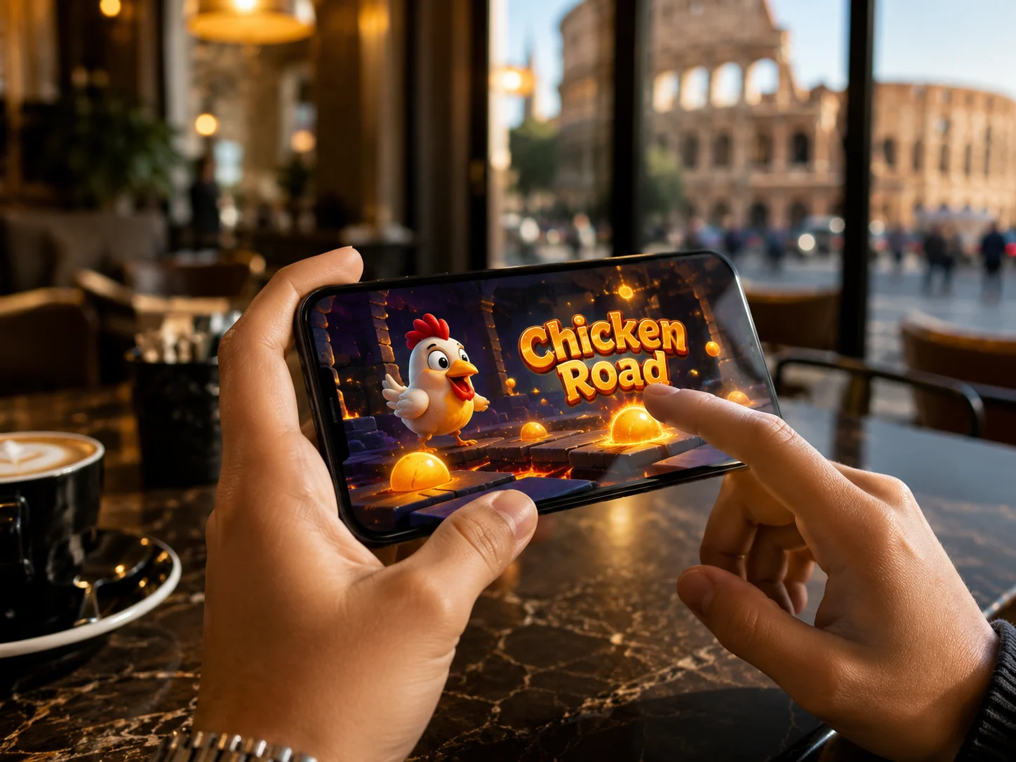 Giocatore italiano utilizza Chicken Road Game su smartphone in un appartamento moderno serale